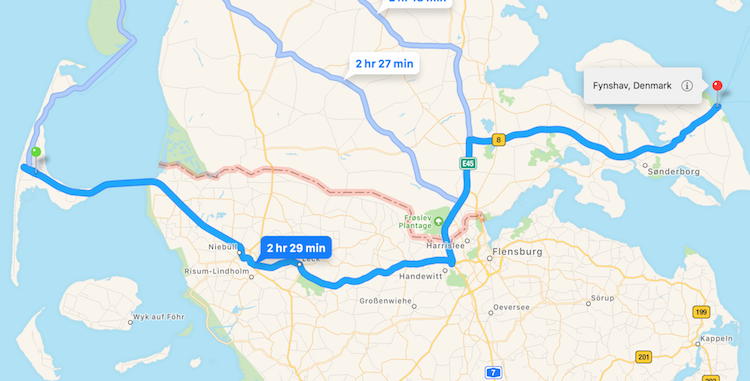 Map with travel route Sylt to Fynshav