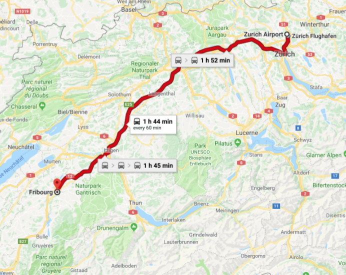 Zurich Airport - Fribourg Map
