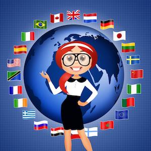 World Language with Globe, flags and young woman
