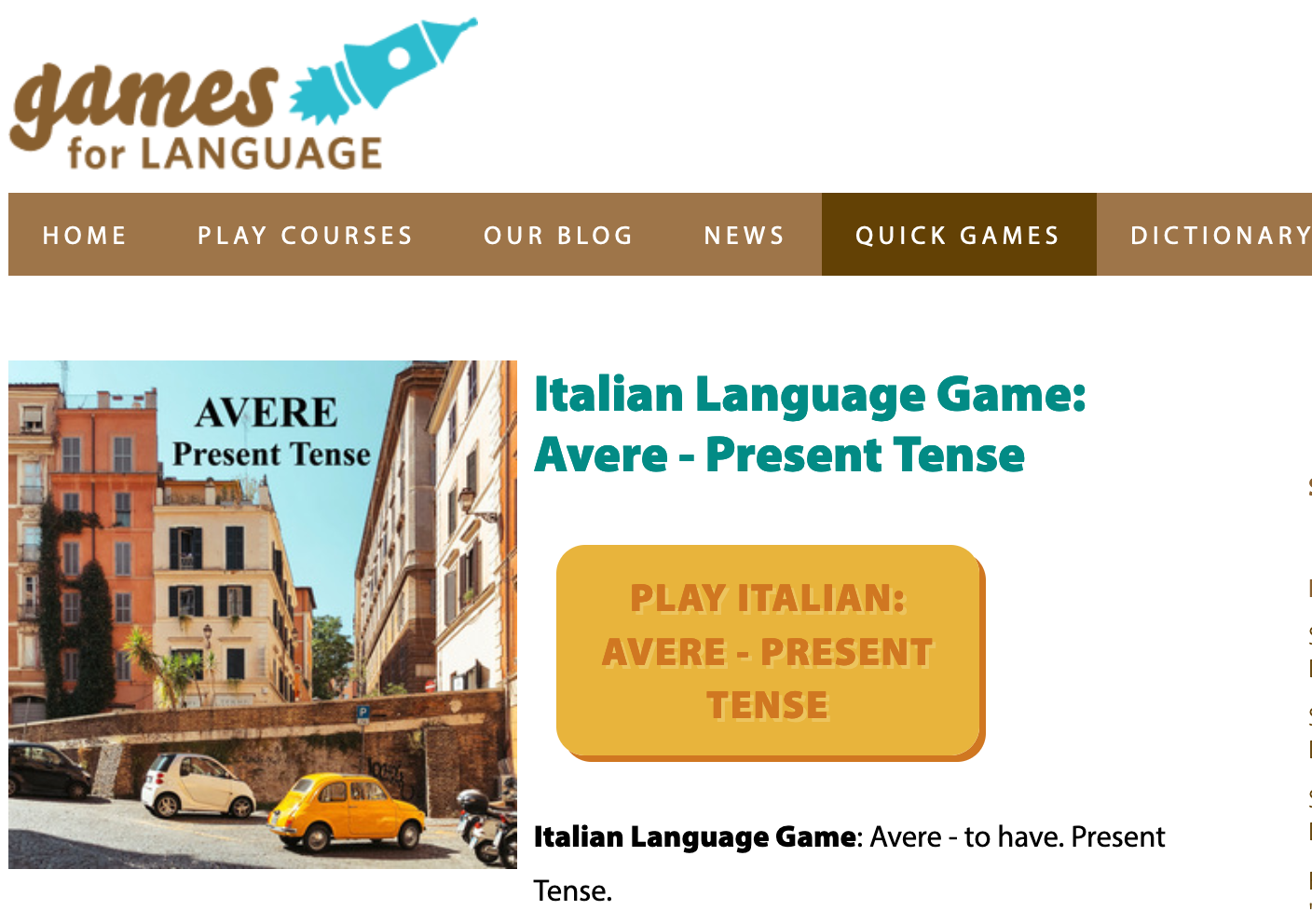 Screenshot of Italian Language Game "Avere" 