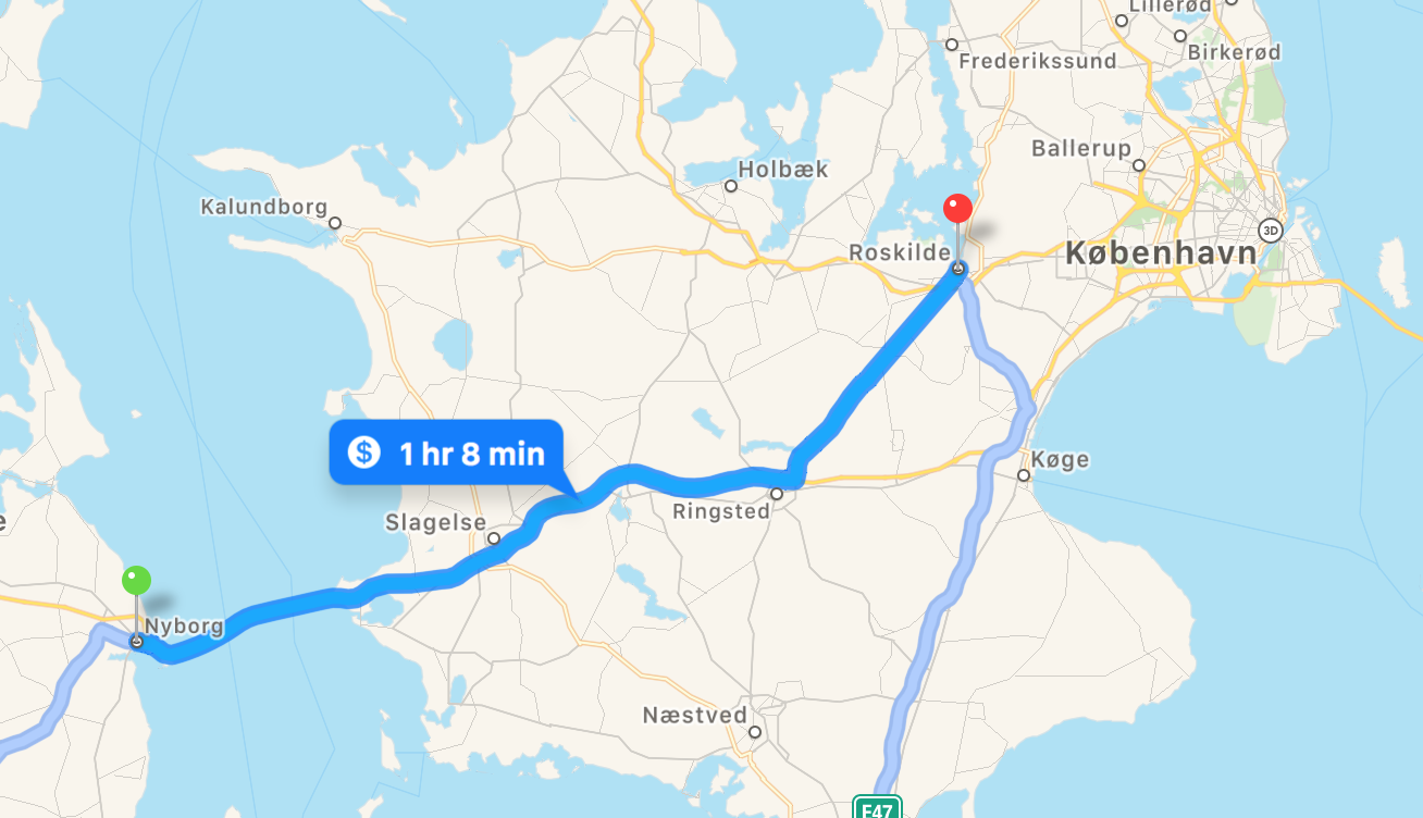 Map Nyborg to Roskilde