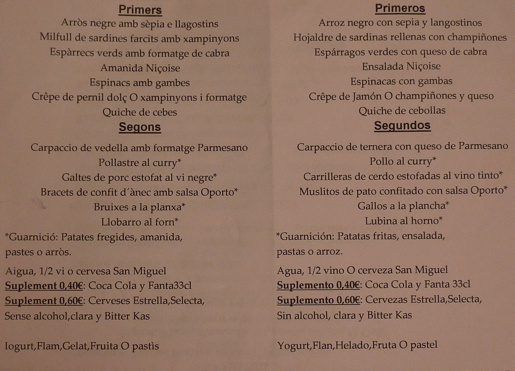 Dinner Menu in Castillian Spanish and Catalan