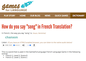 Gamesforlanguage.com dictionary song-chanson screenshot