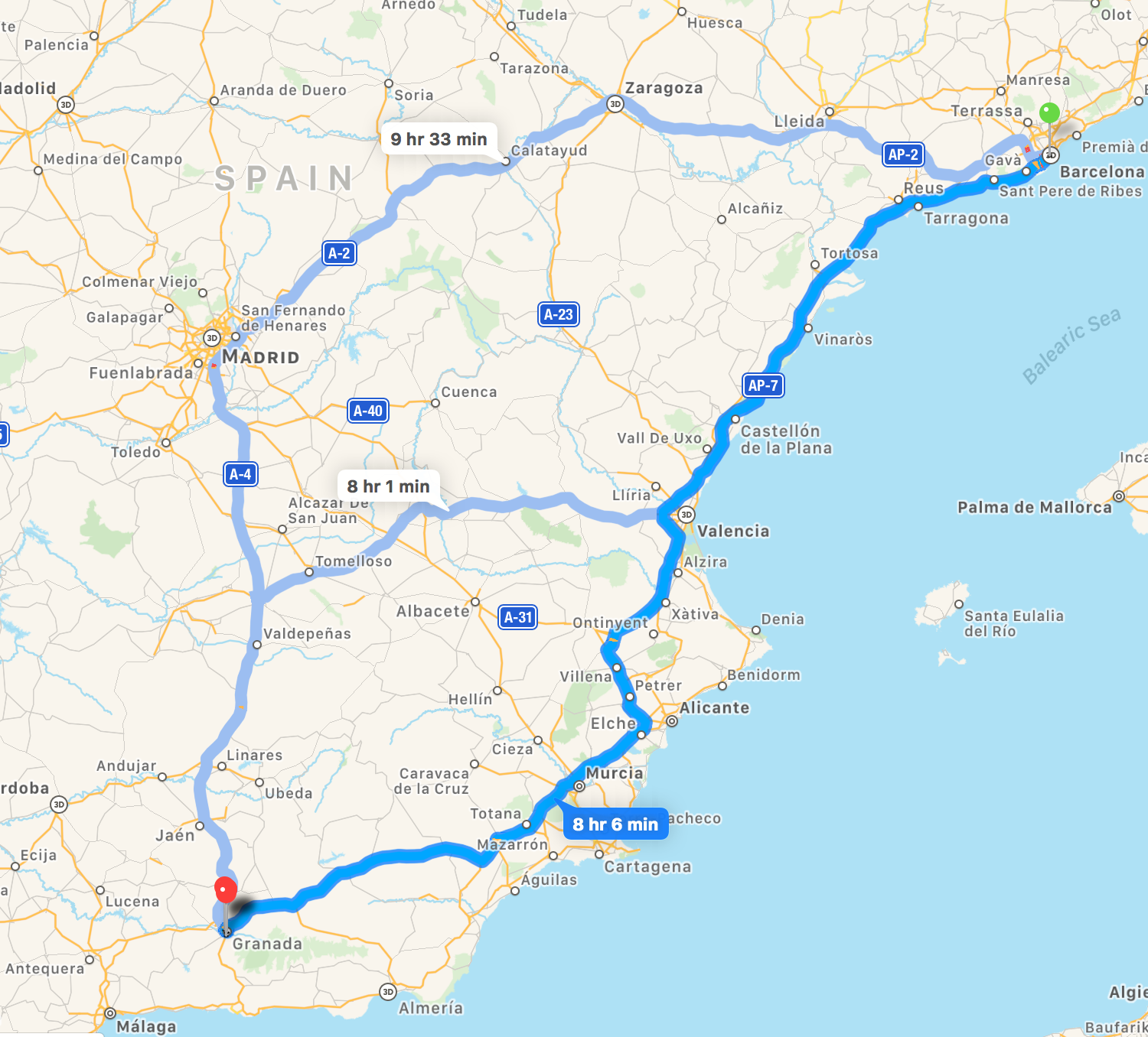 Barcelona to Granada map