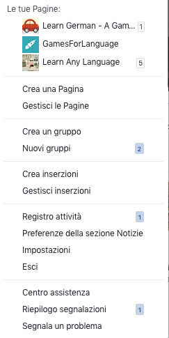 Facebook - managing your pages in Italian - Gamesforlanguage.com