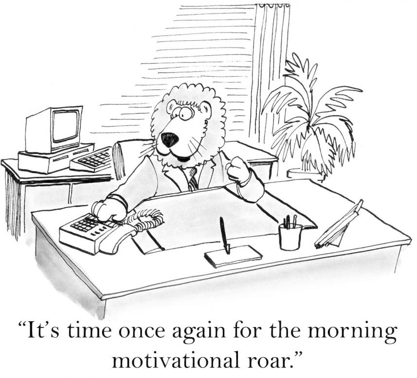 cartoon of Lion's motivational morning roar behind desk