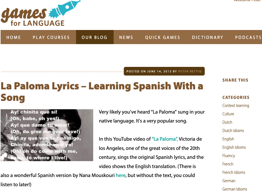 Gamesforlanguage-La Paloma blog post screenshot