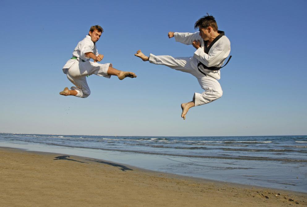 Karate experts on the beach - Gamesforlanguage.com