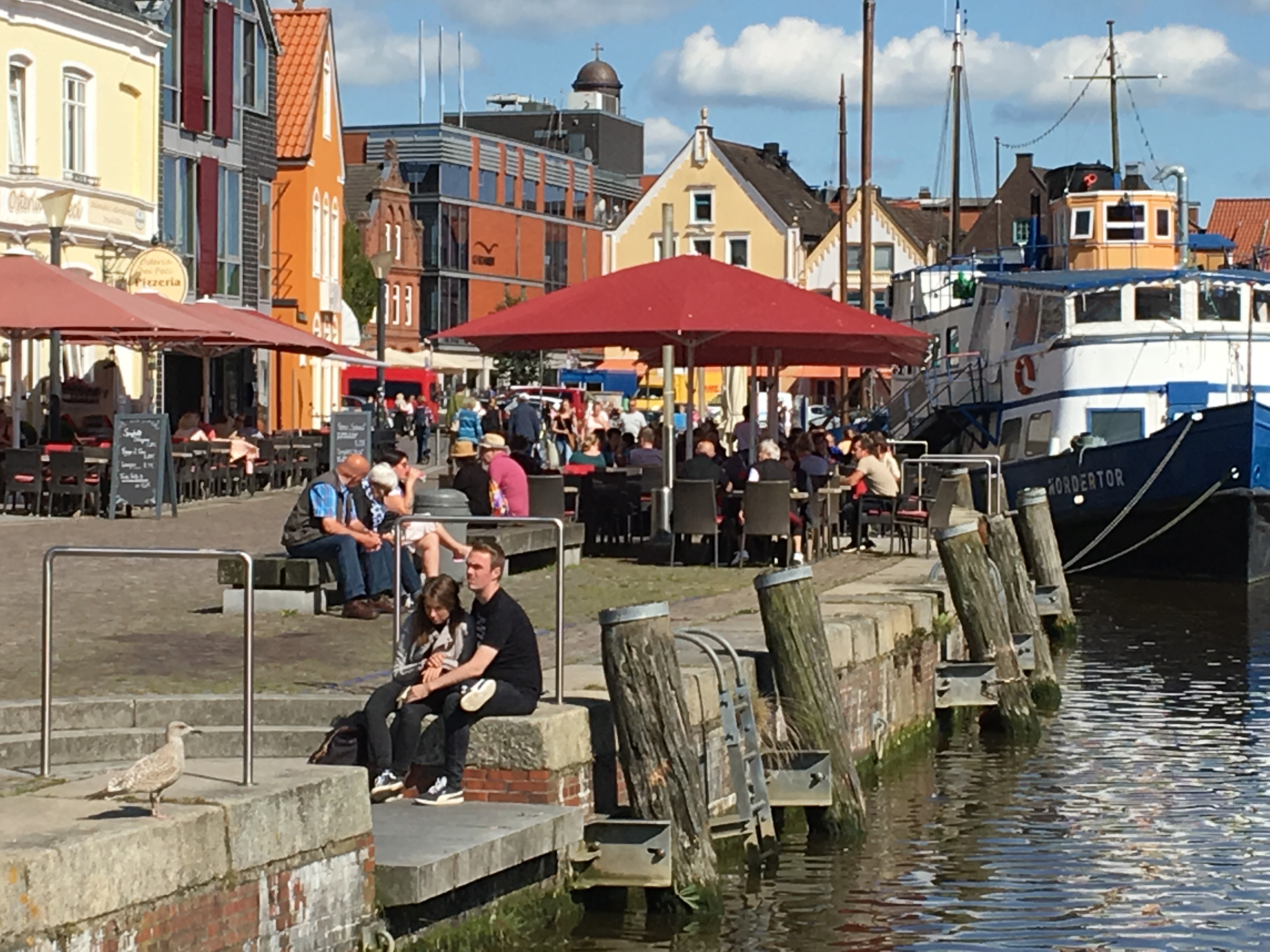 Husum Harbor with harbor side bistros