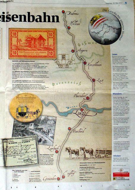 Horse railway map Budweis to Gmunden